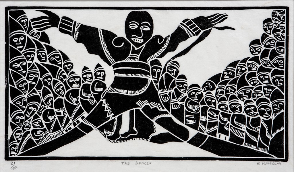 Image: Bhekisani Manyoni, The Dancer, Linocut, black ink on paper, 20x36 cm, undated. Standard Bank Collection of African Art (Wits Art Museum)